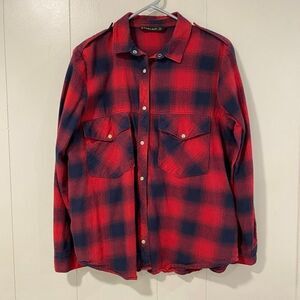 ZARA Basic Men’s Flannel Shirt XL – Red Navy Plaid Button Down